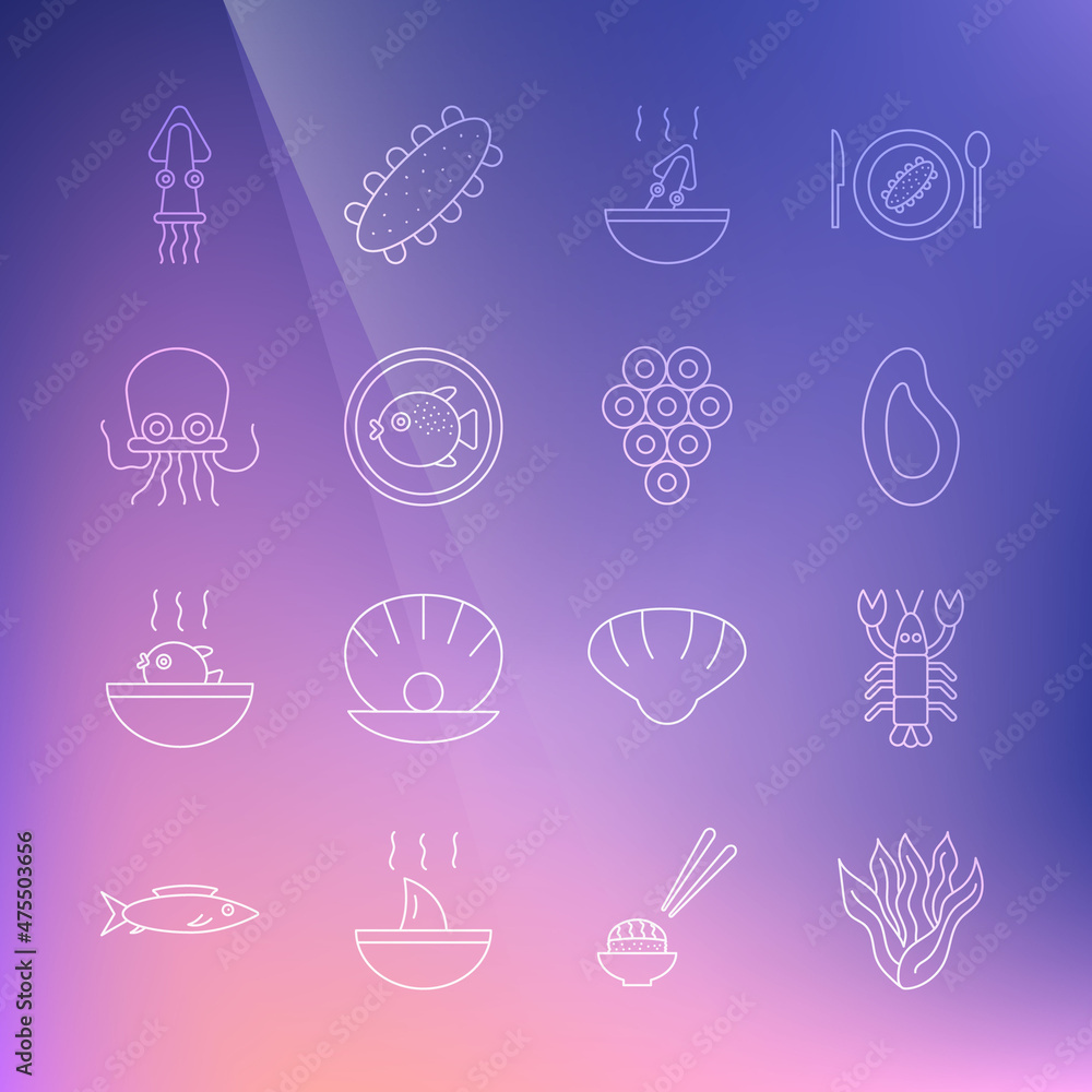 Set line Seaweed, Lobster, Mussel, Soup with octopus, Puffer fish on plate, Octopus, and Caviar icon. Vector Set line Seaweed, Lobster, Mussel, Soup with octopus, Puffer fish on plate, Octopus, and Caviar icon. Vector