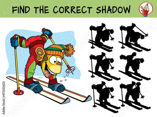 Funny monkey skiing. Find the correct shadow
