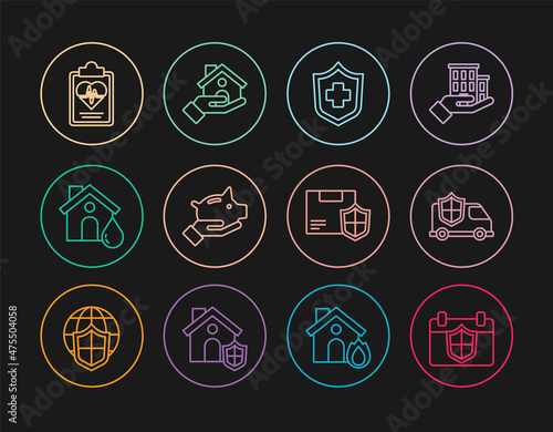 Set line Calendar with shield, Car, Health insurance, Piggy bank, House flood, Delivery security and icon. Vector