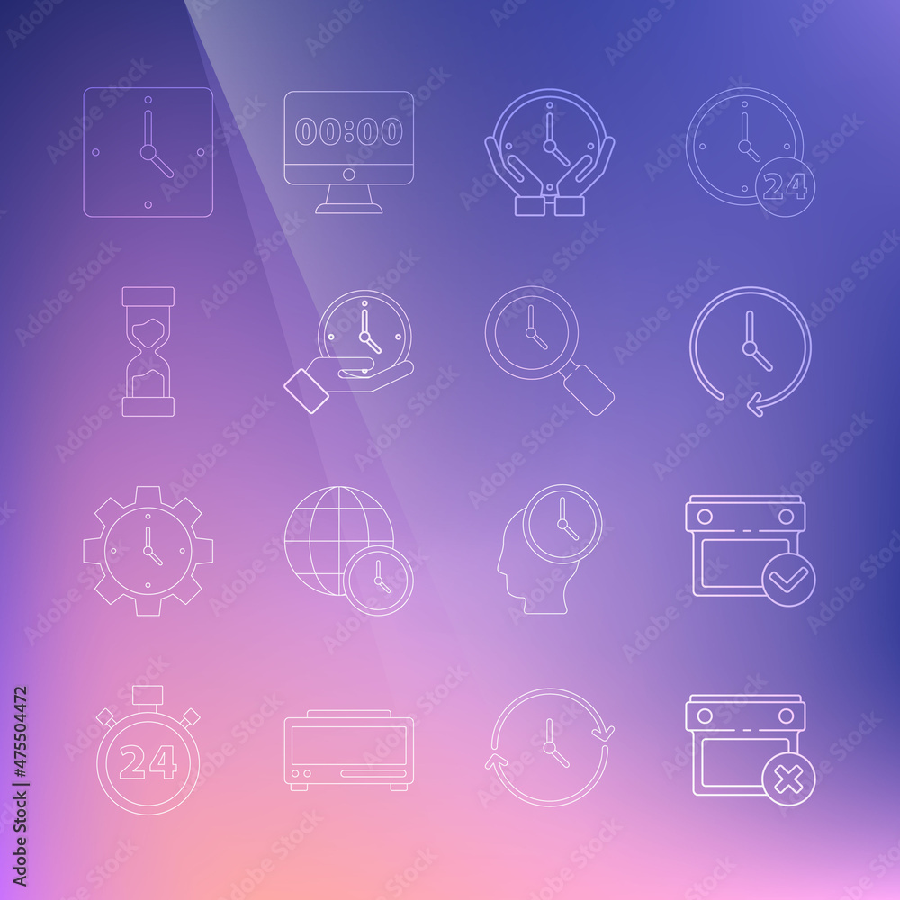 Set line Calendar date delete, with check mark, Clock, Old hourglass, and Magnifying clock icon. Vector Set line Calendar date delete, with check mark, Clock, Old hourglass, and Magnifying clock icon. Vector
