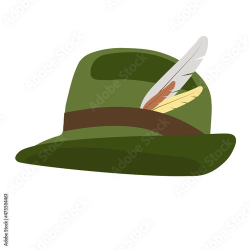 Tyrolean hat vector stock illustration. A headdress worn in parts of Austria, Germany, Italy and Switzerland. Green felt. Isolated on a white background.
