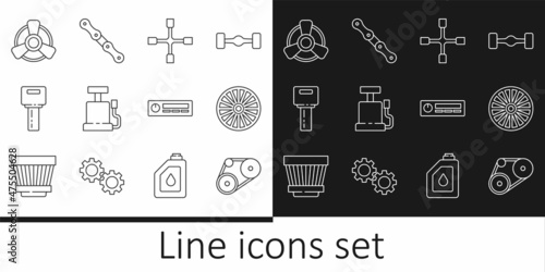 Set line Timing belt kit, Alloy wheel, Wheel wrench, Car air pump, key with remote, motor ventilator, Audio and chain icon. Vector