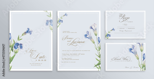 Wedding Invitation Set with Save the Date, RSVP, Thank You Card. Vintage Wedding invitation template with Blue Flower