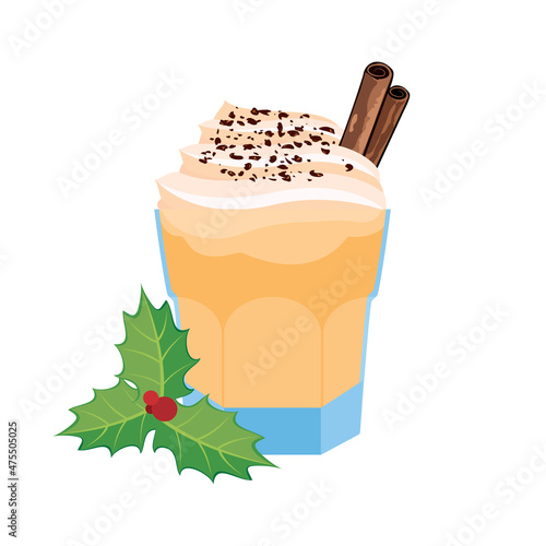 Glass of eggnog with whipped cream and cinnamon icon vector. Eggnog drink and holly mistletoe icon isolated on a white background. Christmas drink vector