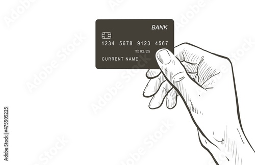 Hand holding credit bank card. Online shopping service concept. Safe payment edc electronic data capture transaction point of sales. Contactless NFC pass wireless pay. Contains Chip. Vector
