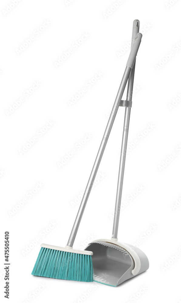 Plastic broom and dustpan on white background Plastic broom and dustpan on white background