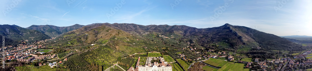 Panoramic view from drone of the Certosa of Calci, Tuscany, Italy