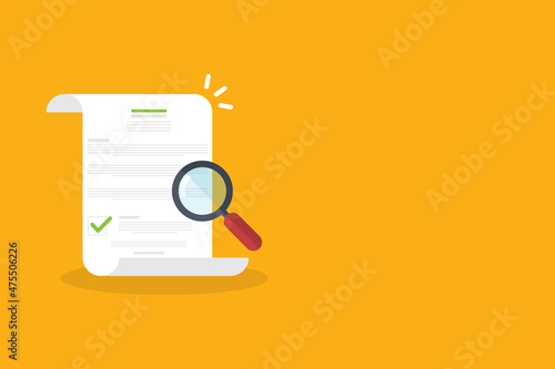 document inspection or assessment evaluation, contract review, analysis, inspection of agreement contract, compliance verification. Vector illustration	