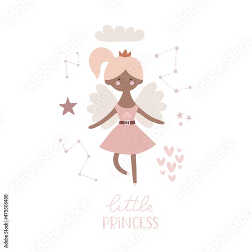 Little princess. cartoon princess, hand drawing lettering, decor elements. colorful vector illustration, flat style. design for cards, t-shirt print, poster