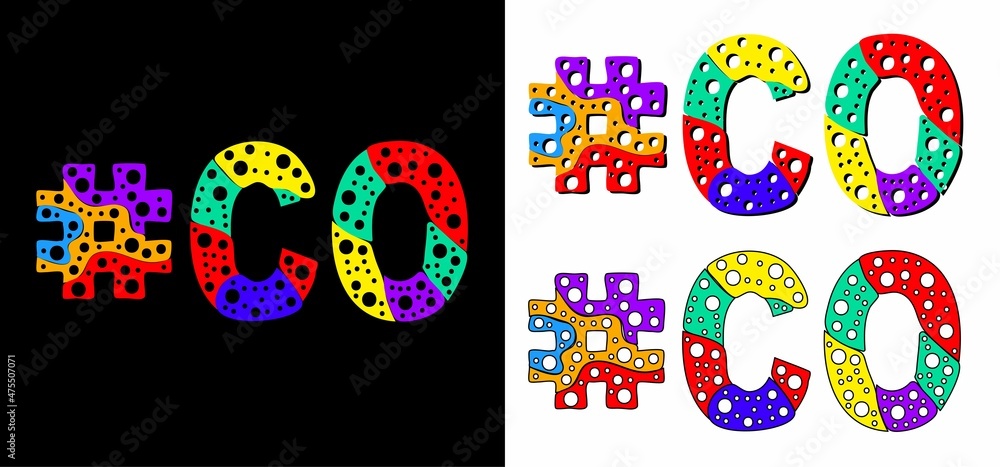 Hashtag #CO set. Multicolor bright funny cartoon colorful doodle bubble isolated text. Rainbow colors. Hashtag #CO is abbreviation for the US American state Colorado for print, social network.