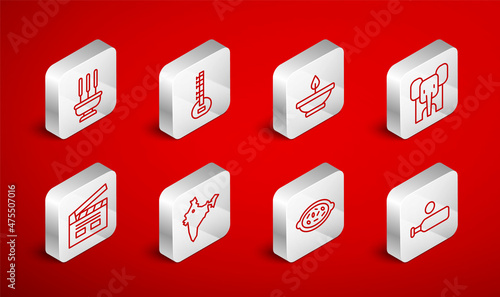 Set line Wood cricket bat and ball, Sitar, Aroma lamp, Elephant, Kheer in bowl, Incense sticks, India map and Bollywood indian cinema icon. Vector