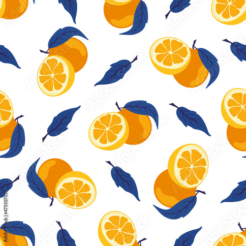 Orange. Tropical fruit seamless pattern in hand-drawn style. Vegetarian food vector repeat background for colorful summer fabric.