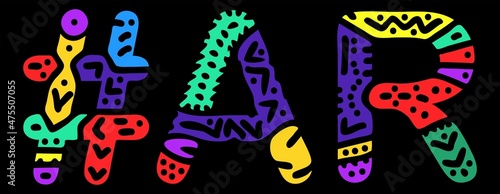 AR Hashtag. Multicolored bright isolate curves doodle letters. Hashtag #AR is abbreviation for the US American state Arkansas for social network, web resources, mobile apps.