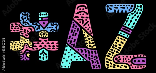 AZ Hashtag. Multicolored bright isolate curves doodle letters. Hashtag #AZ is abbreviation for the US American state Arizona for social network, web resources, mobile apps.