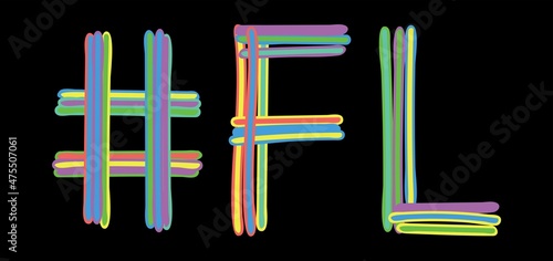 FL Hashtag. Multicolored bright isolate curves doodle letters. Hashtag #FL is abbreviation for the USA state Florida for social network, web resources, mobile apps.