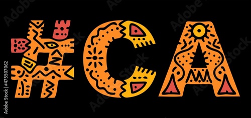 CA Hashtag. Multicolored bright isolate curves doodle letters. Hashtag #CA is abbreviation for the US American California for social network, web resources, mobile apps.