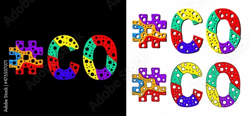 Hashtag #CO set. Multicolor bright funny cartoon colorful doodle bubble isolated text. Rainbow colors. Hashtag #CO is abbreviation for the US American state Colorado for print, social network.