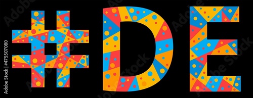 DE Hashtag. Mosaic isolated text. Letters from pieces of triangles, polygons and bubbles. #DE is abbreviation for the US American state Delaware for print, clothing, t-shirt, poster, banner, flyer.