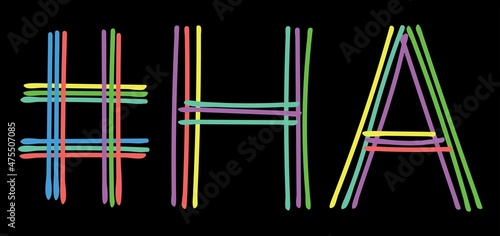 HA Hashtag. Multicolored bright isolate curves doodle letters. Hashtag #HA is abbreviation for the US America state Hawaii social network, web resources, mobile app.