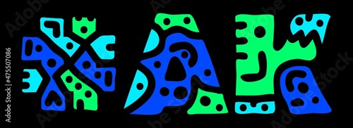 AK Hashtag. Doodle isolate text. Colored curves decorative doodle letters. Trendy popular Hashtag #AK is abbreviation for the US American state Alaska for print, booklet, banner, flyer.