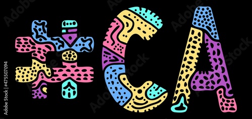 CA Hashtag. Multicolored bright isolate curves doodle letters. Hashtag #CA is abbreviation for the US American state California for social network, web resources, mobile apps.