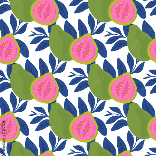 Guava. Tropical fruit seamless pattern in hand-drawn style. Vegetarian food vector repeat background for colorful summer fabric.