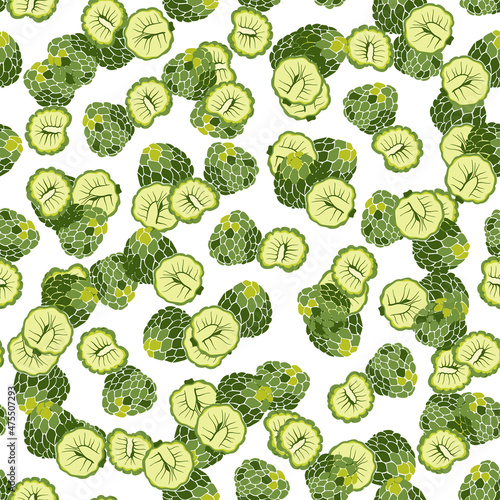 Custard Apple. Tropical fruit seamless pattern in hand-drawn style. Vegetarian food vector repeat background for colorful summer fabric.