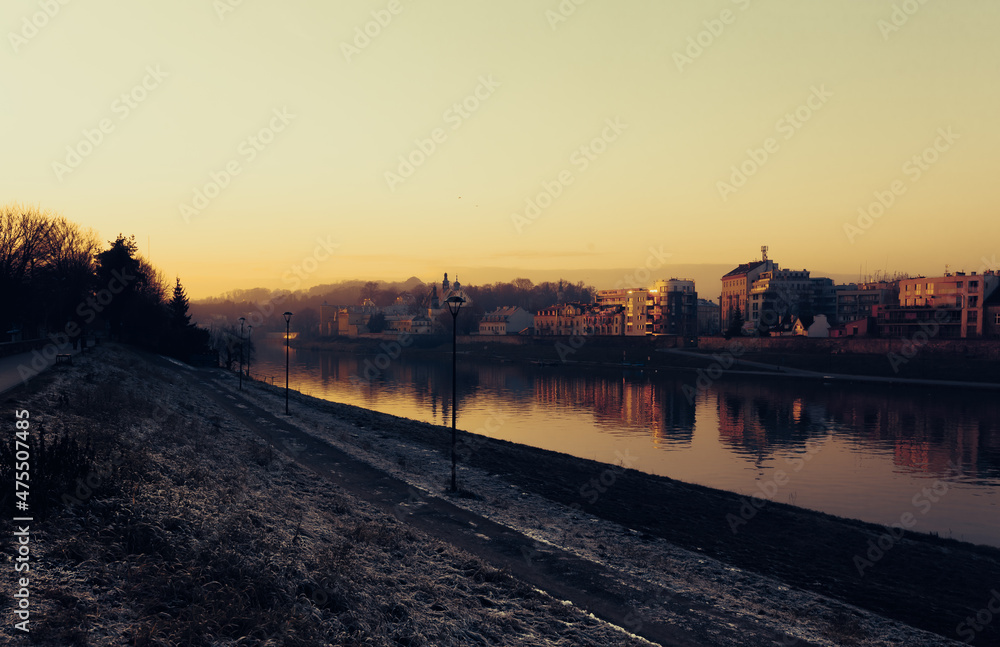Vistula River at sunset, in winter Krakow, Poland