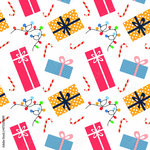Seamless pattern gift boxes isolated on white. Vector ullustration for card, paper design, textile, fabric, cover notebook 