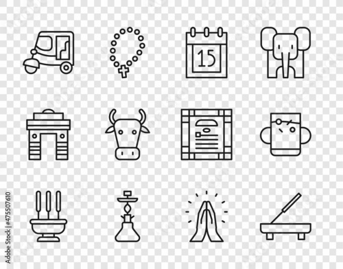 Set line Incense sticks, Scented spa, Independence day India, Hookah, Taxi tuk tuk, Cow, Hands in praying position and Cup of tea leaf icon. Vector
