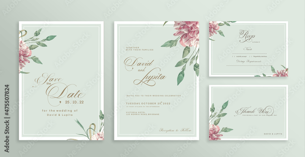 Wedding Invitation Set with Save the Date, RSVP, Thank You Card. Vintage Wedding invitation template with Red Flower