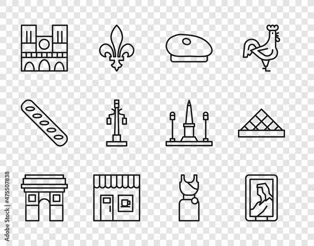 Set line Triumphal Arch, Portrait in museum, French beret, Coffee shop, Notre Dame, Street light, Woman dress and Louvre icon. Vector Set line Triumphal Arch, Portrait in museum, French beret, Coffee shop, Notre Dame, Street light, Woman dress and Louvre icon. Vector