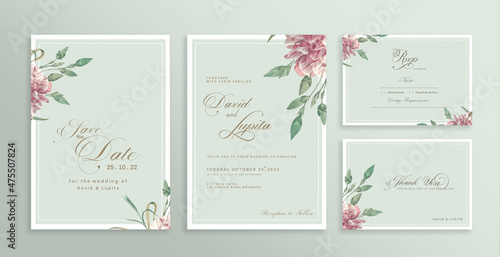 Wedding Invitation Set with Save the Date  RSVP  Thank You Card. Vintage Wedding invitation template with Red Flower