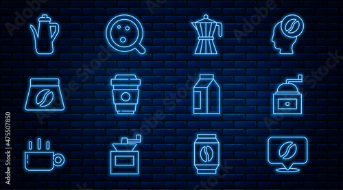 Set line Location with coffee bean, Manual grinder, Coffee moca pot, cup to go, Bag beans, Teapot, and icon. Vector
