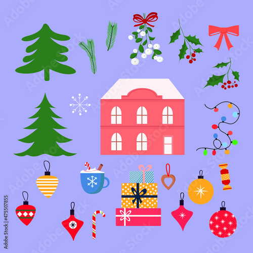 Set of Christmas, New Year elements. Vector illustration in flat style isolated on blue. Cute house, tree, balls, garland, christmas plants