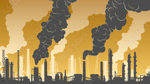 Horizontal illustration of silhouettes of industrial zone (factories, refineries and power plants) with thick smoke from chimneys.