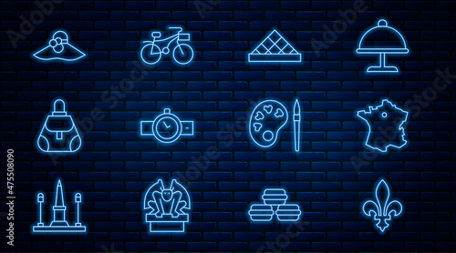 Set line Fleur De Lys, Map of France, Louvre museum, Wrist watch, Handbag, Elegant women hat, Paint brush with palette and Bicycle icon. Vector