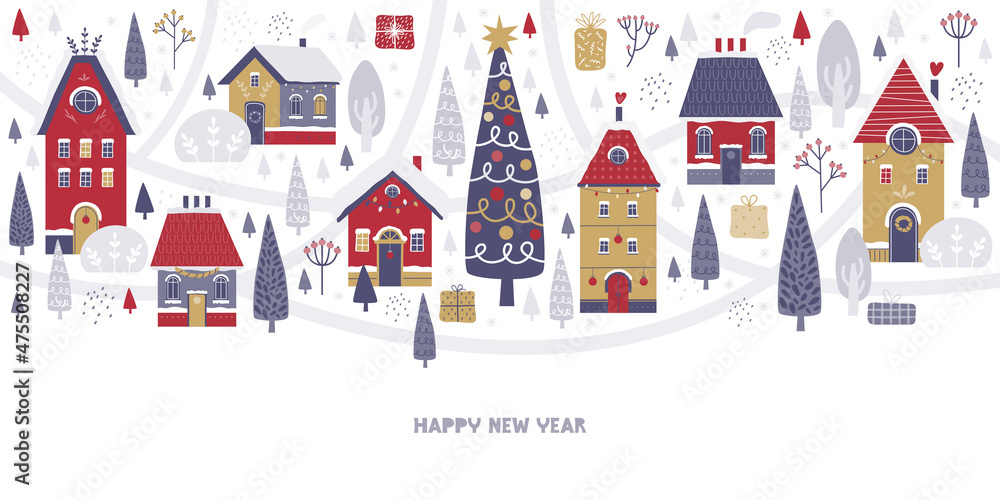 Happy New Year and Merry Christmas. Horizontal holiday banner with congratulatory text. Winter town on background a snowy landscape. Hand drawn illustration of Christmas tree, city, houses, streets