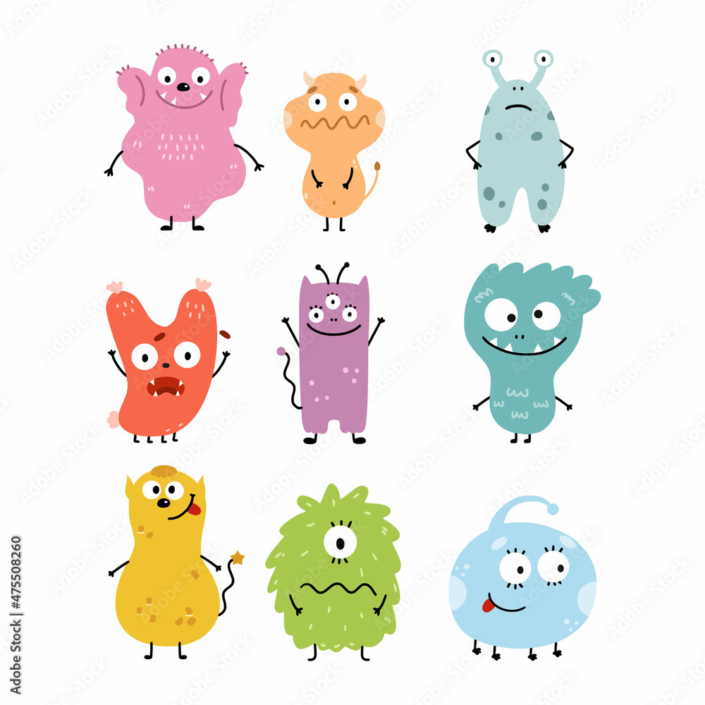 Set cute monster stickers. Cartoon illustration for book. Set cute monster stickers. Cartoon illustration for book.