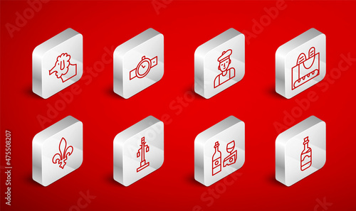 Set line Bottles of wine, Wrist watch, French man, baguette bread, Wine bottle with cheese, Poodle dog, Street light and Fleur De Lys icon. Vector