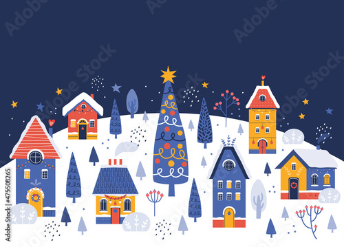 Happy New Year and Merry Christmas. Night holiday town on background a snowy winter landscape. Hand drawn illustration of Christmas tree, city, houses, streets. Horizontal holiday banner, card, poster