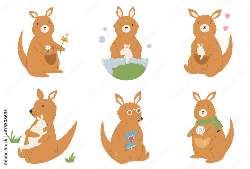 Funny set with cute kangaroos in different poses.