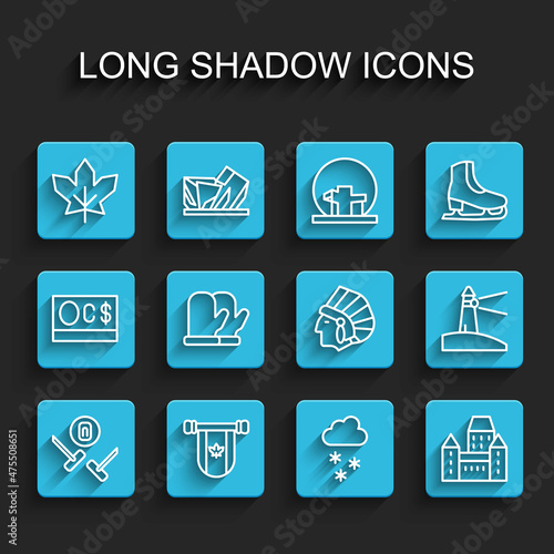 Set line Curling sport game, Pennant Canada, Canadian maple leaf, Cloud with snow, Chateau Frontenac hotel, Christmas mitten, Lighthouse and Native American Indian icon. Vector