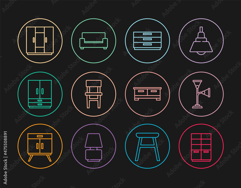 Set line Wardrobe, Floor lamp, Chest of drawers, Chair, and Sofa icon. Vector Set line Wardrobe, Floor lamp, Chest of drawers, Chair, and Sofa icon. Vector
