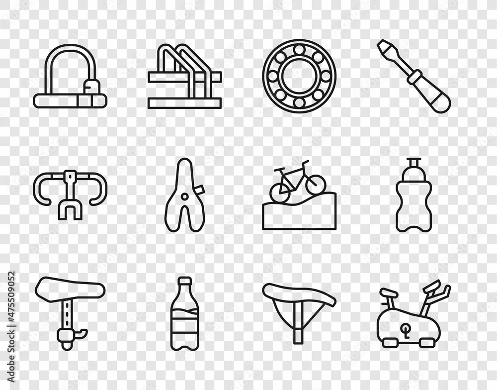 Set line Bicycle seat, Stationary bicycle, ball bearing, Sport bottle with water, lock, and icon. Vector Set line Bicycle seat, Stationary bicycle, ball bearing, Sport bottle with water, lock, and icon. Vector
