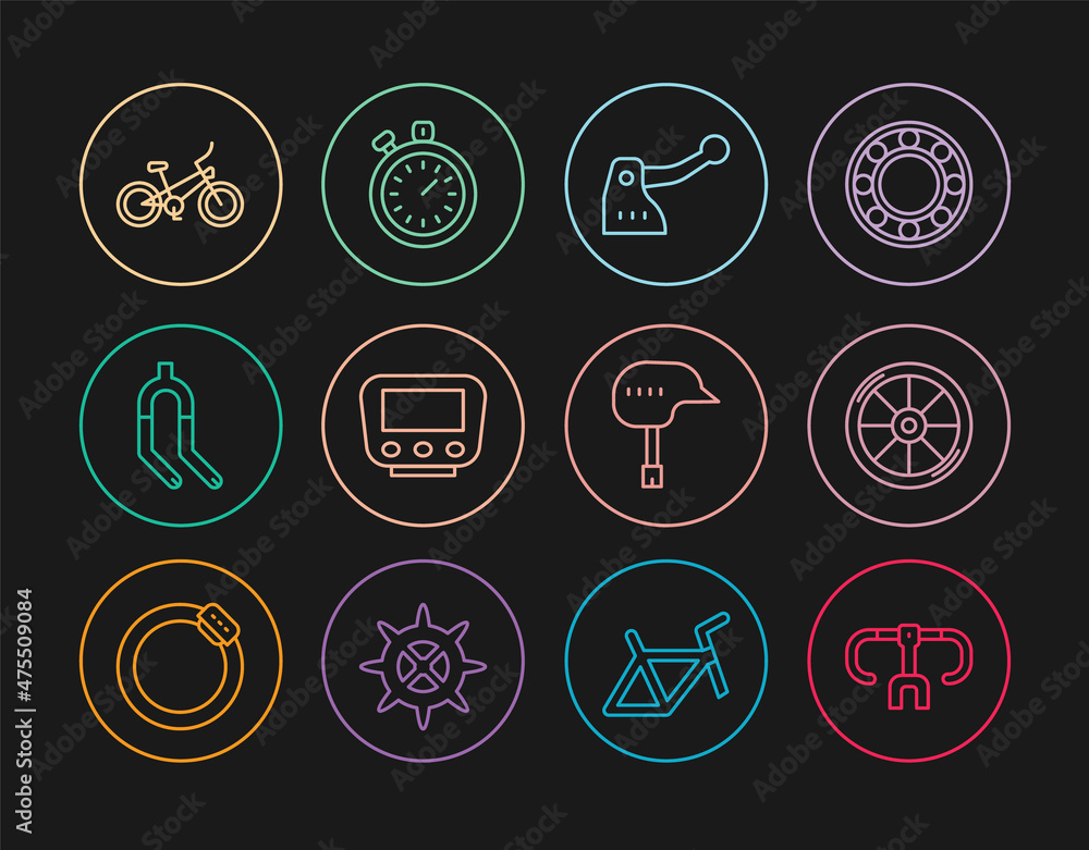 Set line Bicycle handlebar, wheel, brake, speedometer, fork, helmet and Stopwatch icon. Vector Set line Bicycle handlebar, wheel, brake, speedometer, fork, helmet and Stopwatch icon. Vector