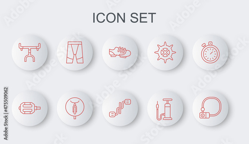 Set line Bicycle lock, pedal, shoes, air pump, handlebar, Cycling shorts, and pedals icon. Vector