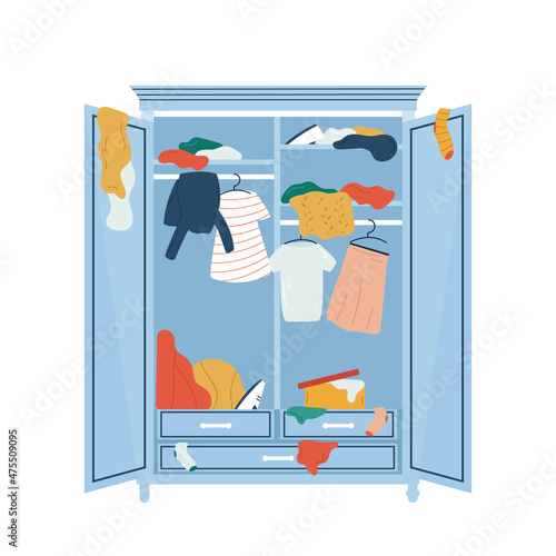 Vector illustration of an open wardrobe with messy, dirorderes clothes inside.