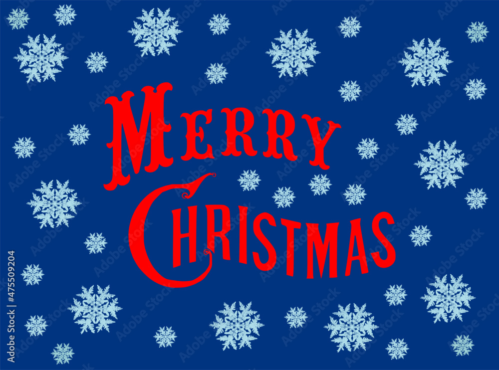 Merry Christmas card on a dark blue background with snowflakes