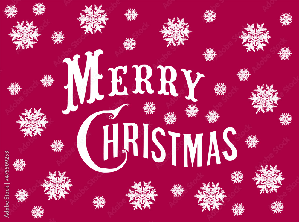 Merry Christmas card on a red background with snowflakes